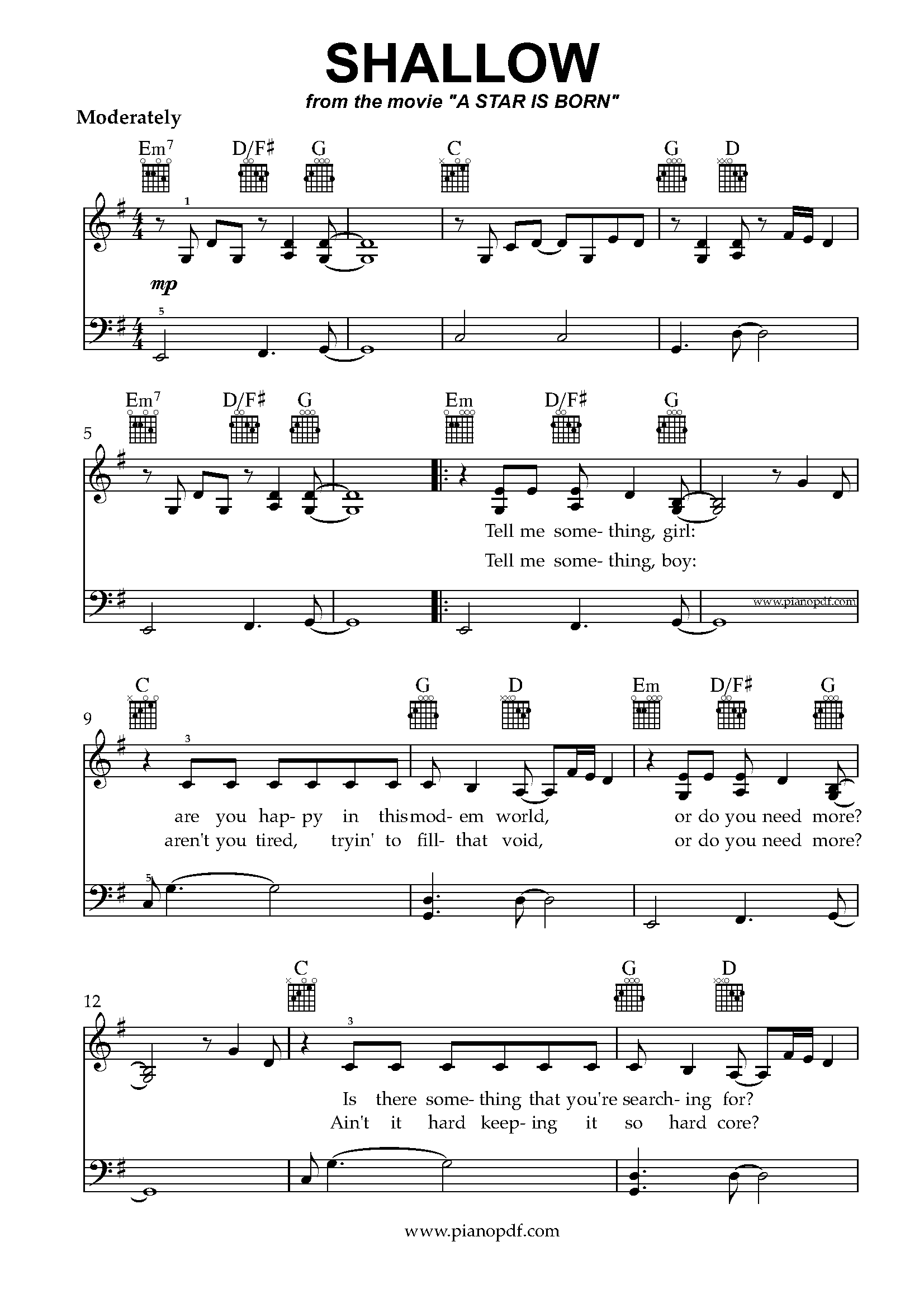 Shallow Piano Sheet Music PDF